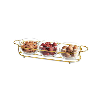 Aqua 3 Piece Glass Bowl with Metal Stand Set Gold