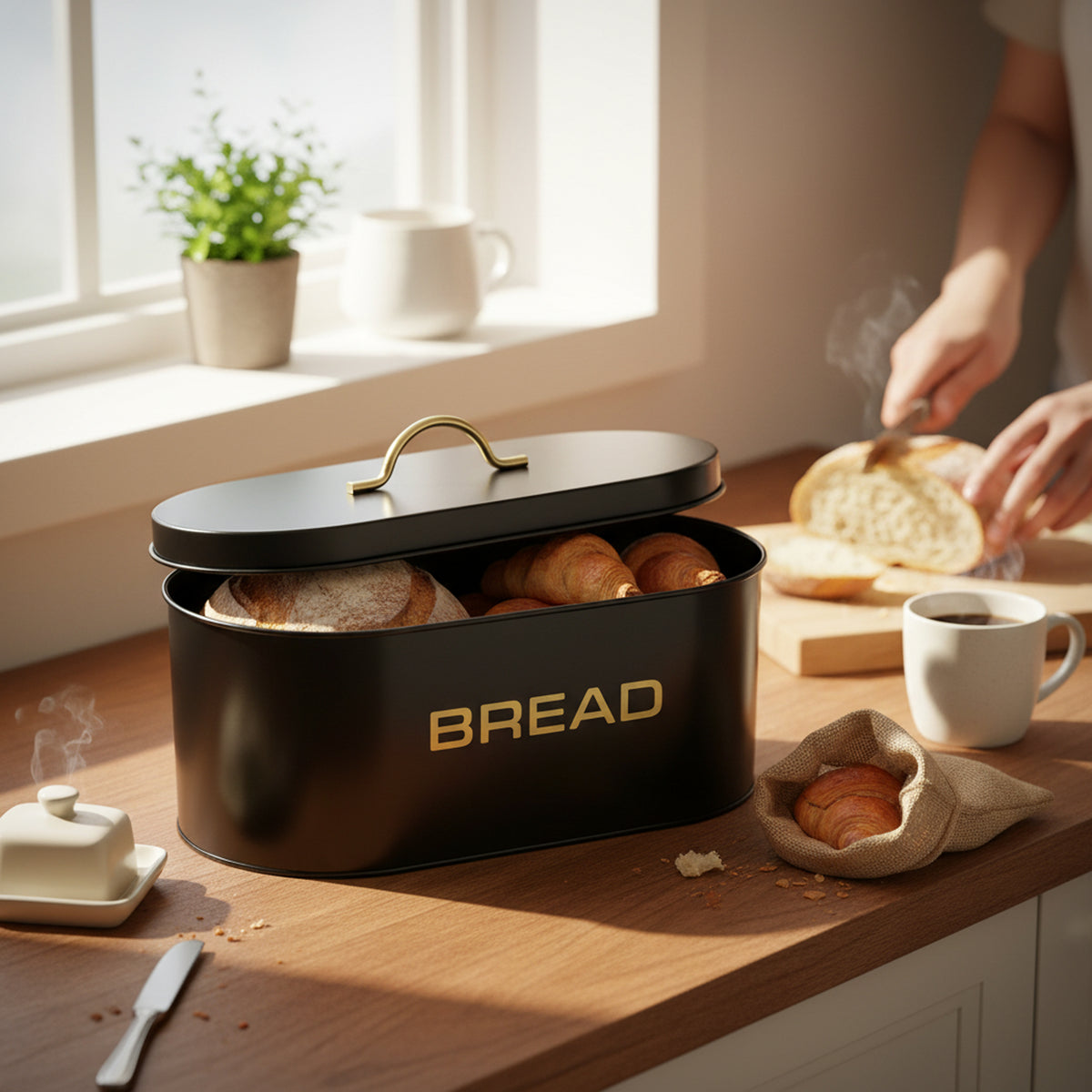 Aqua Bread Bin Matte Black with Gold Print – The Culinarium