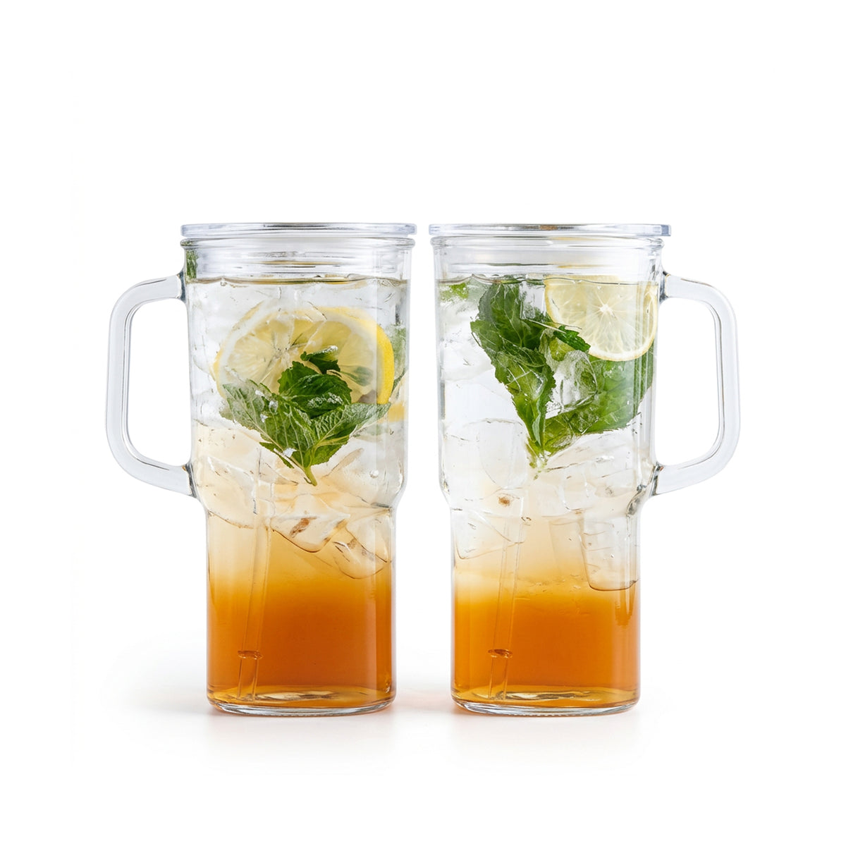 Aqua Glass Tumbler with Handle & Acrylic Lid Set of 2