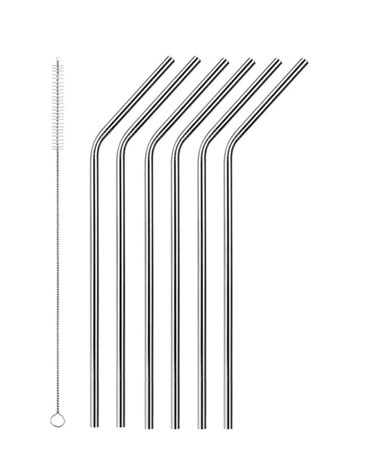 Aqua S/S Curved Straw 6pc With Brush - Silver