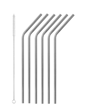 Aqua S/S Curved Straw 6pc With Brush - Silver