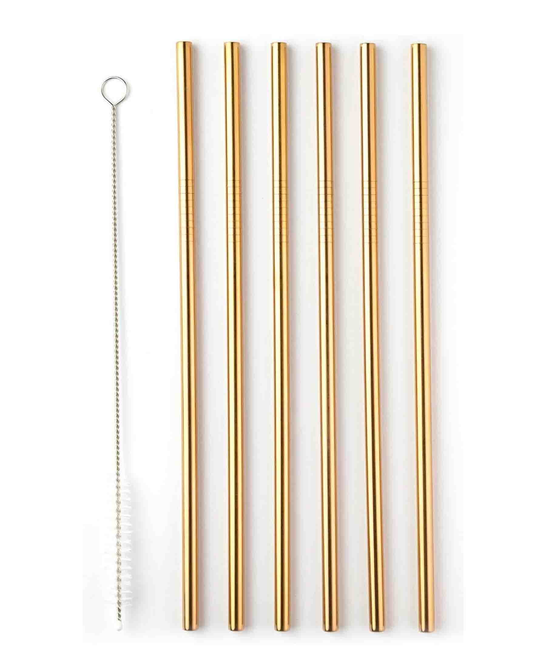 Aqua S/S Straight Straw 6pc With Brush - Gold