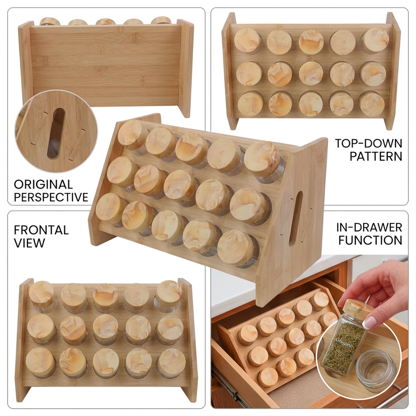 Bamboo Spice Rack with 15 Bottles Brown