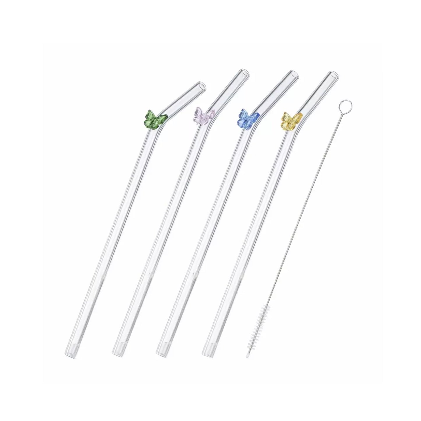 5 Piece Butterfly Glass Straw Set Clear