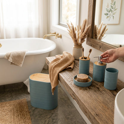 6 Piece Bathroom Accessory Set with Bamboo Lids Dark Green