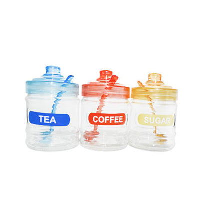 CH 3 Piece Glass Canister Set with Spoons Blue, Orange & Red