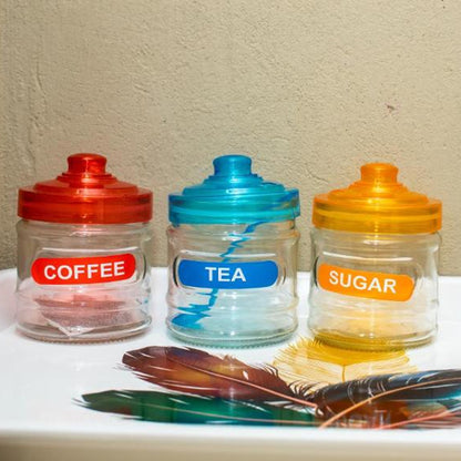 CH 3 Piece Glass Canister Set with Spoons Blue, Orange & Red