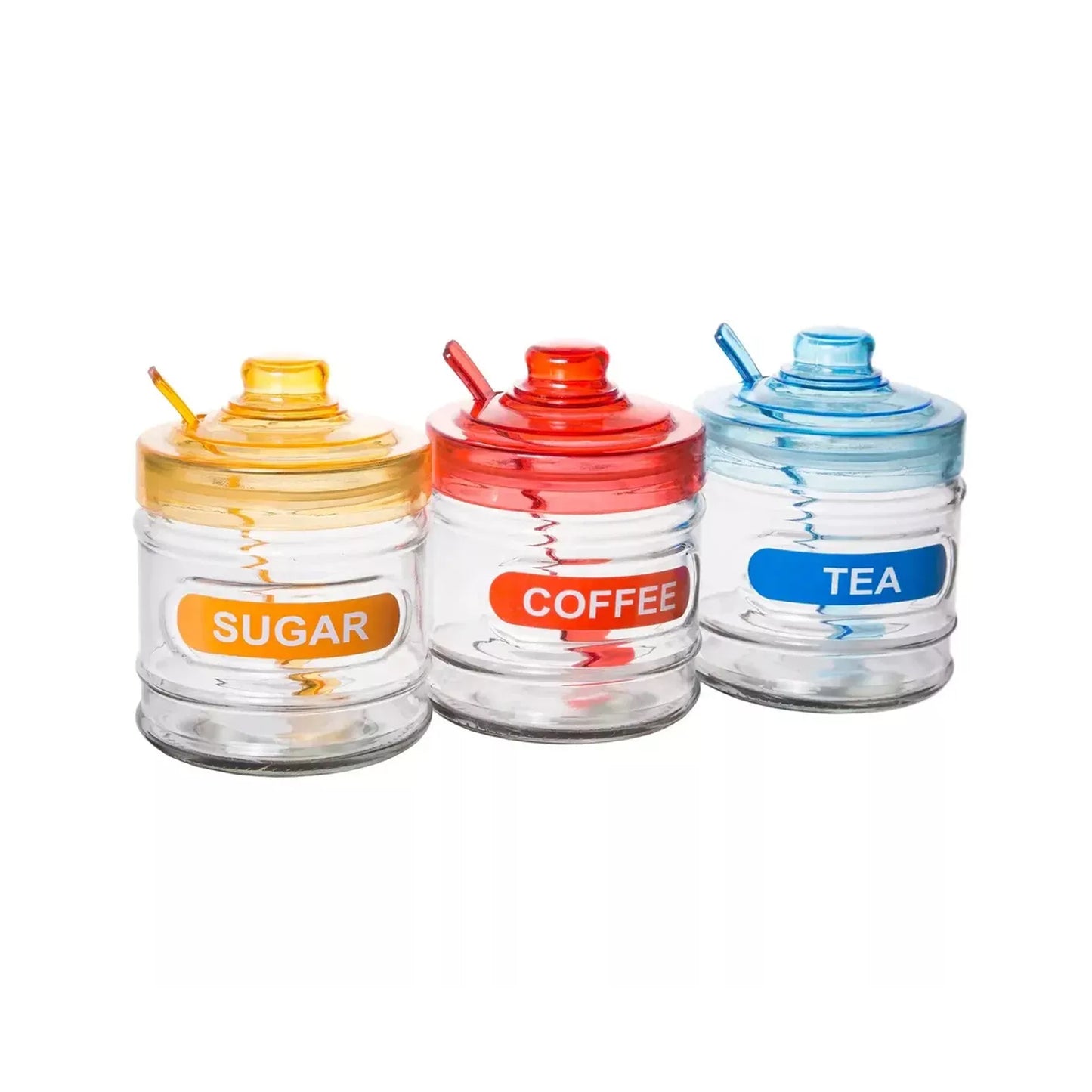 CH 3 Piece Glass Canister Set with Spoons Blue, Orange & Red