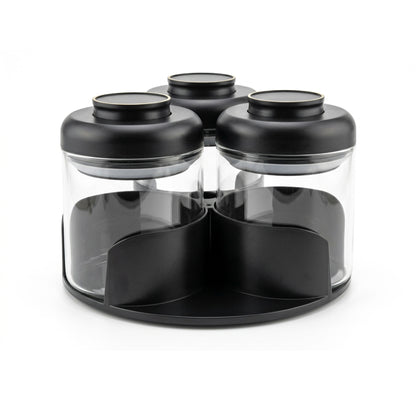 CH 3 Piece Glass Condiment Set with Rotating Rack Black