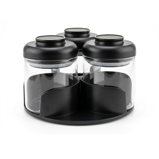 CH 3 Piece Glass Condiment Set with Rotating Rack Black