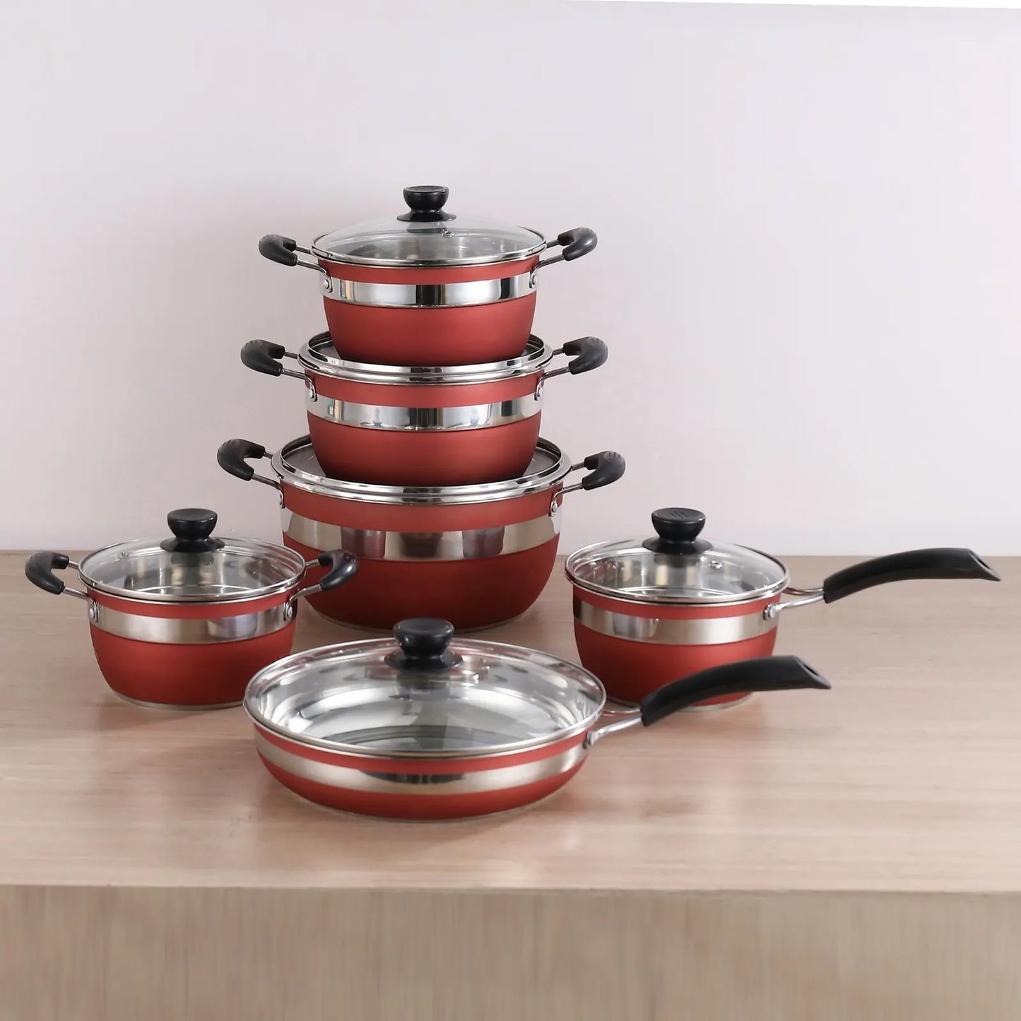 First Home Range 12 Piece Stainless Steel Pot Set Red