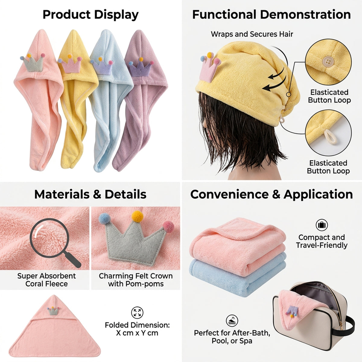 Cartoon Face Crown Dry Hair Towel Cap - Assorted