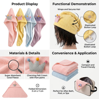 Cartoon Face Crown Dry Hair Towel Cap - Assorted