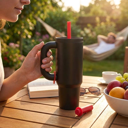 1.2Lt Flask with Straw Black & Red