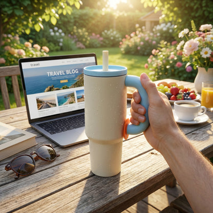 1.2Lt Flask with Straw Blue & Cream