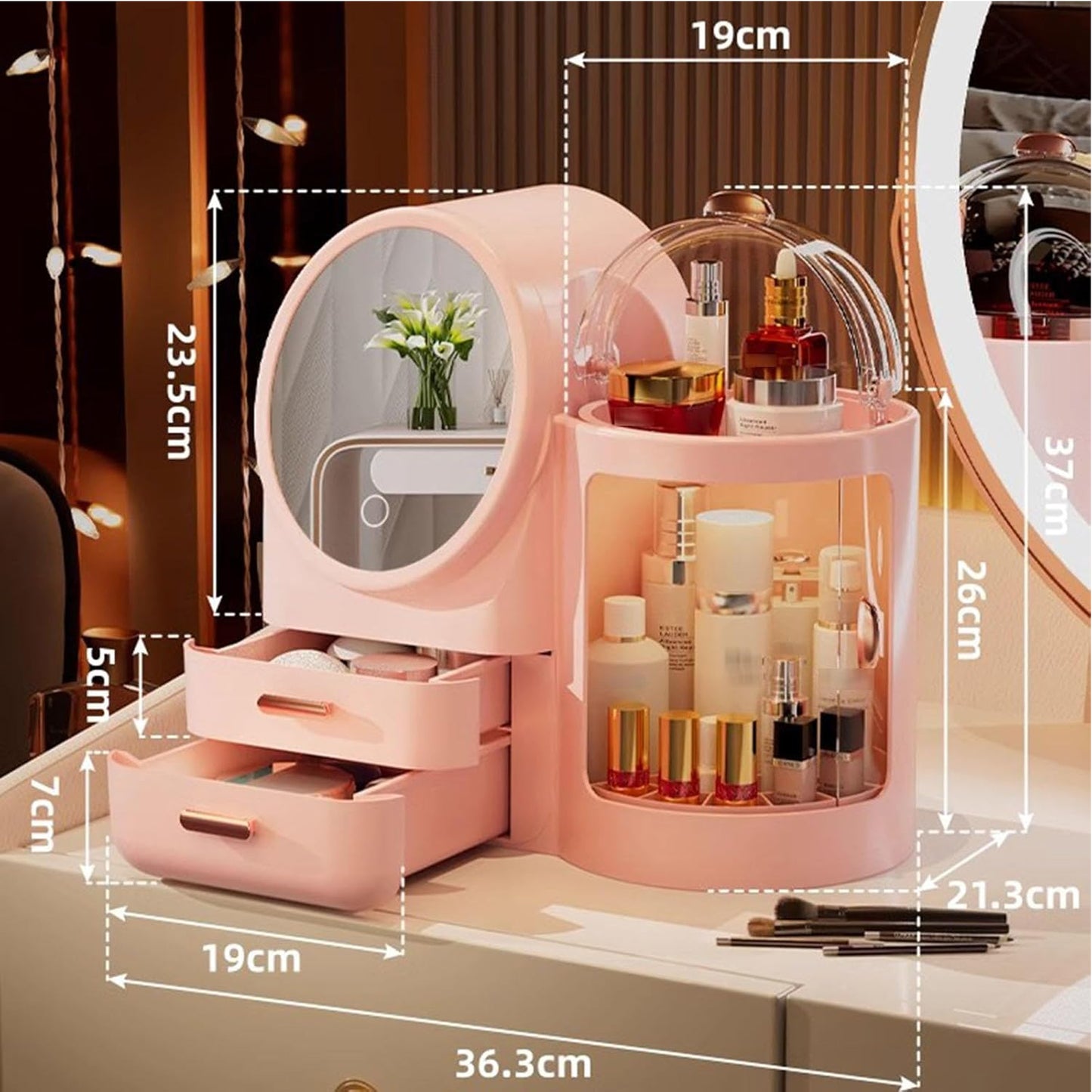 Antalya Cosmetics Storage Organizer with LED Lighted Mirror Pink