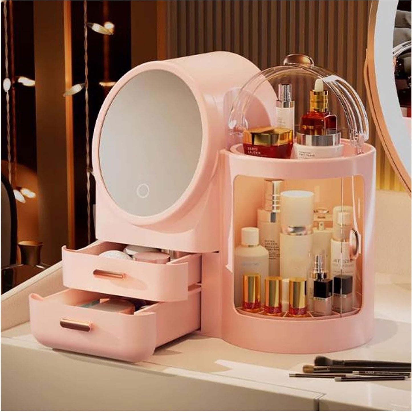 Antalya Cosmetics Storage Organizer with LED Lighted Mirror Pink