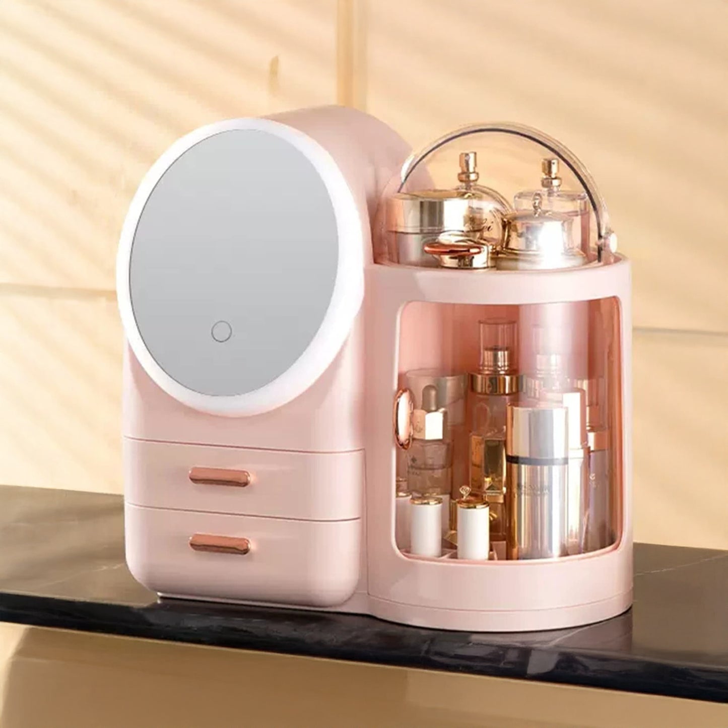 Antalya Cosmetics Storage Organizer with LED Lighted Mirror Pink