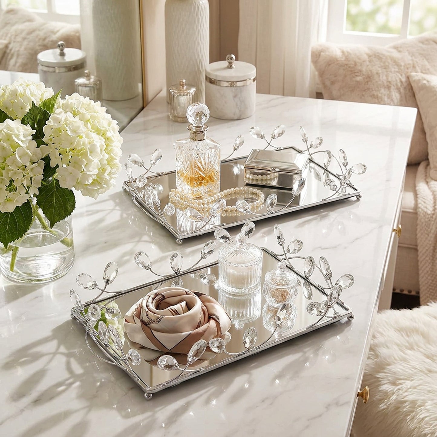 2 Piece Rectangular Mirror Tray Set Silver