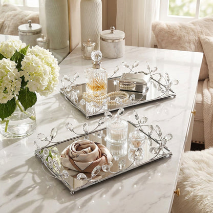 2 Piece Rectangular Mirror Tray Set Silver
