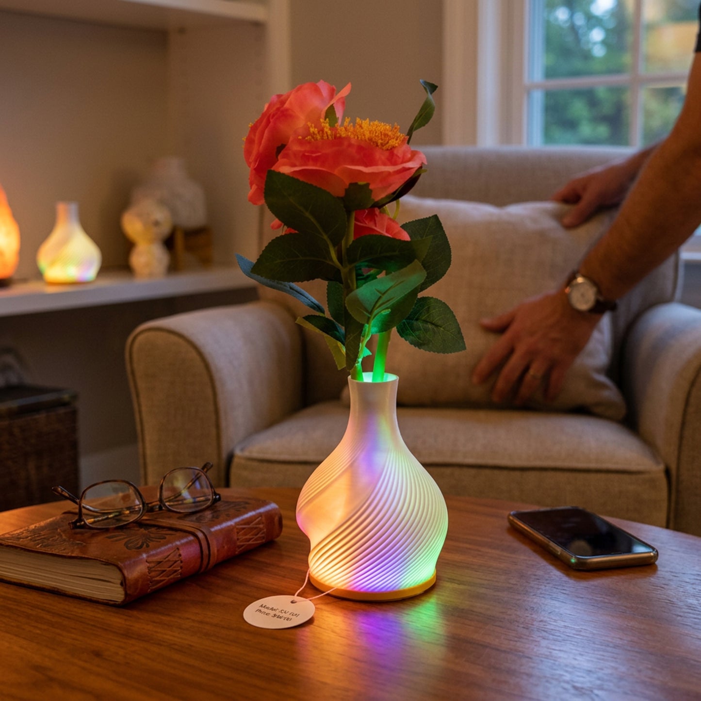 Vase with Orange Flowers & LED Lights White