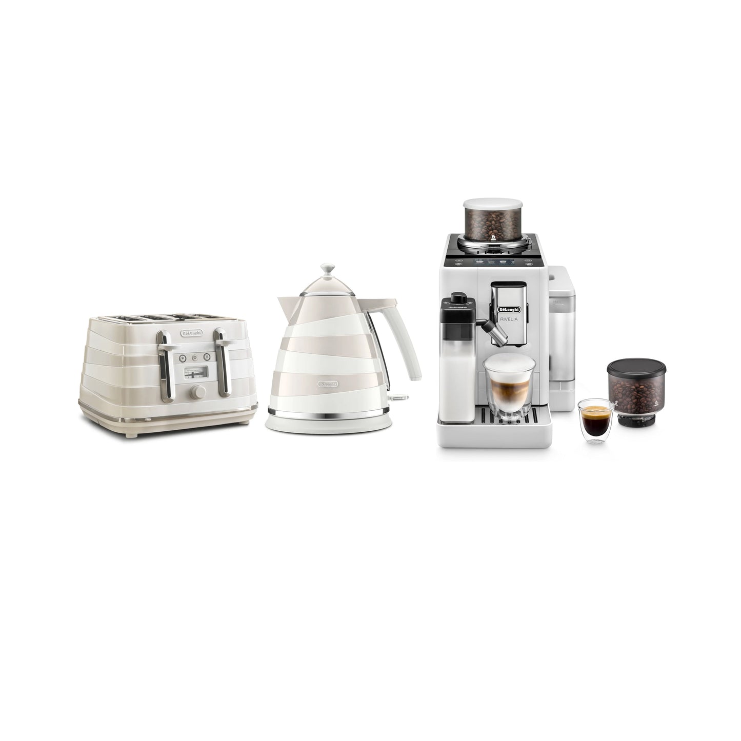De'Longhi Rivelia Automatic Espresso Machine And De'Longhi Avvolta Class toaster and kettle set