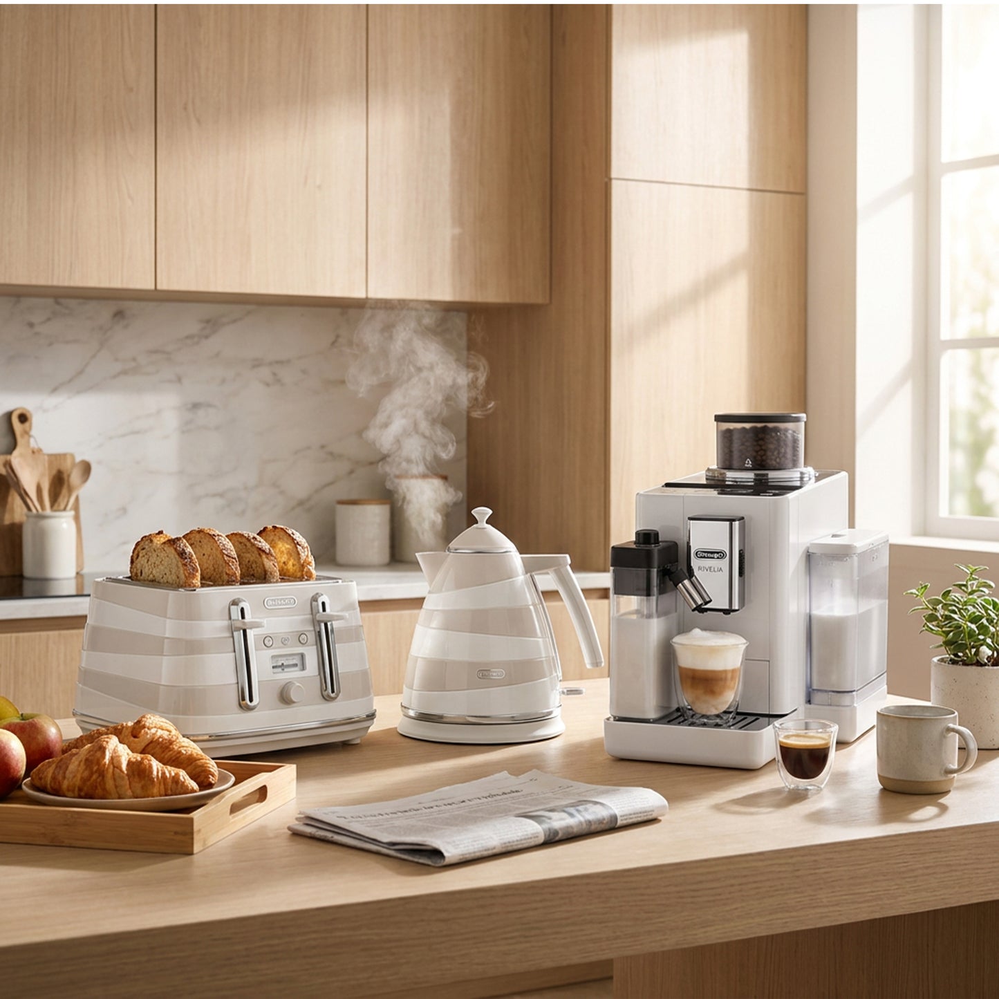 De'Longhi Rivelia Automatic Espresso Machine And De'Longhi Avvolta Class toaster and kettle set