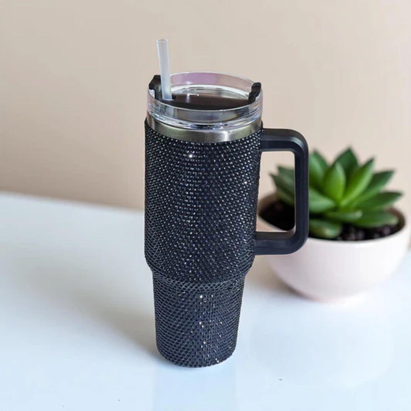1.2Lt Glitter Studded Tumbler With Lid & Straw Black