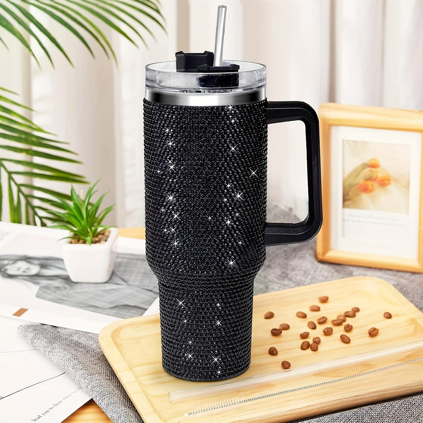 1.2Lt Glitter Studded Tumbler With Lid & Straw Black