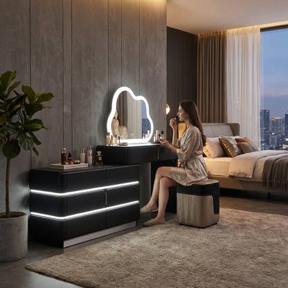 LED Dressing Table with Cloud Shaped Mirror & Stool Black