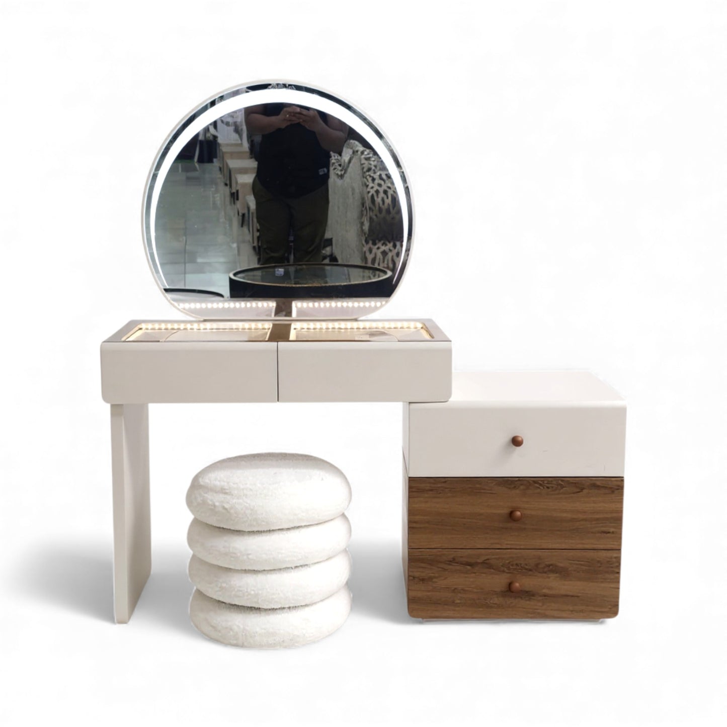 Dressing Table With Round LED Mirror And Plush Stool 9894