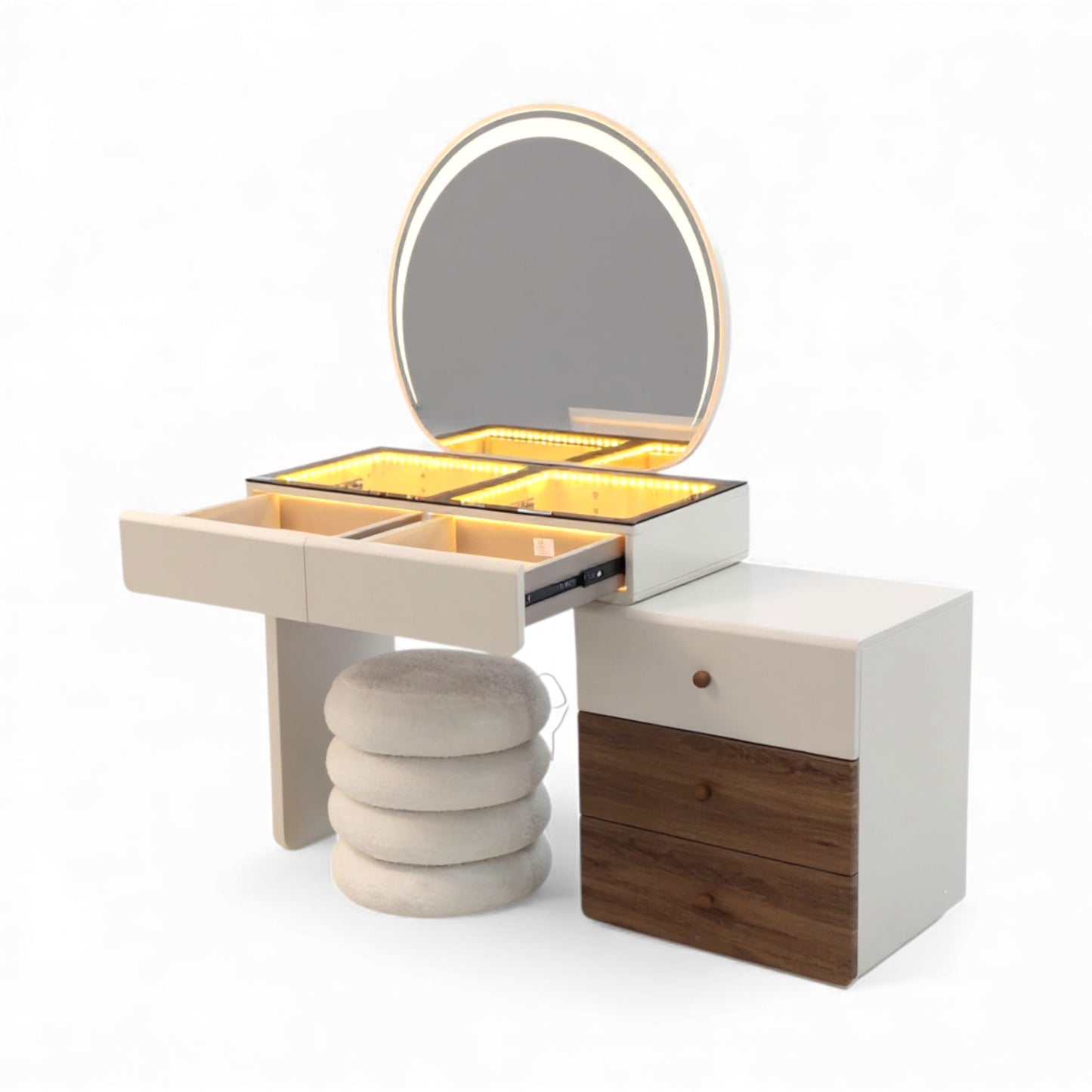 Dressing Table With Round LED Mirror And Plush Stool 9894