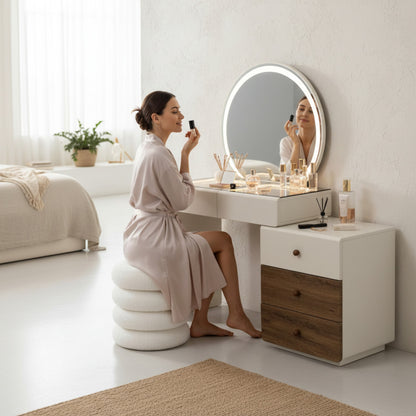 Dressing Table With Round LED Mirror And Plush Stool 9894