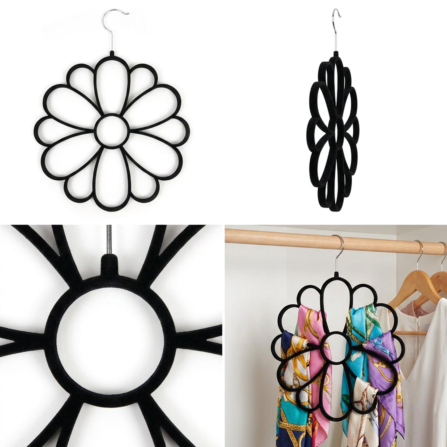 Velvet Covered Flower Design Scarf & Accessory Hanger Black
