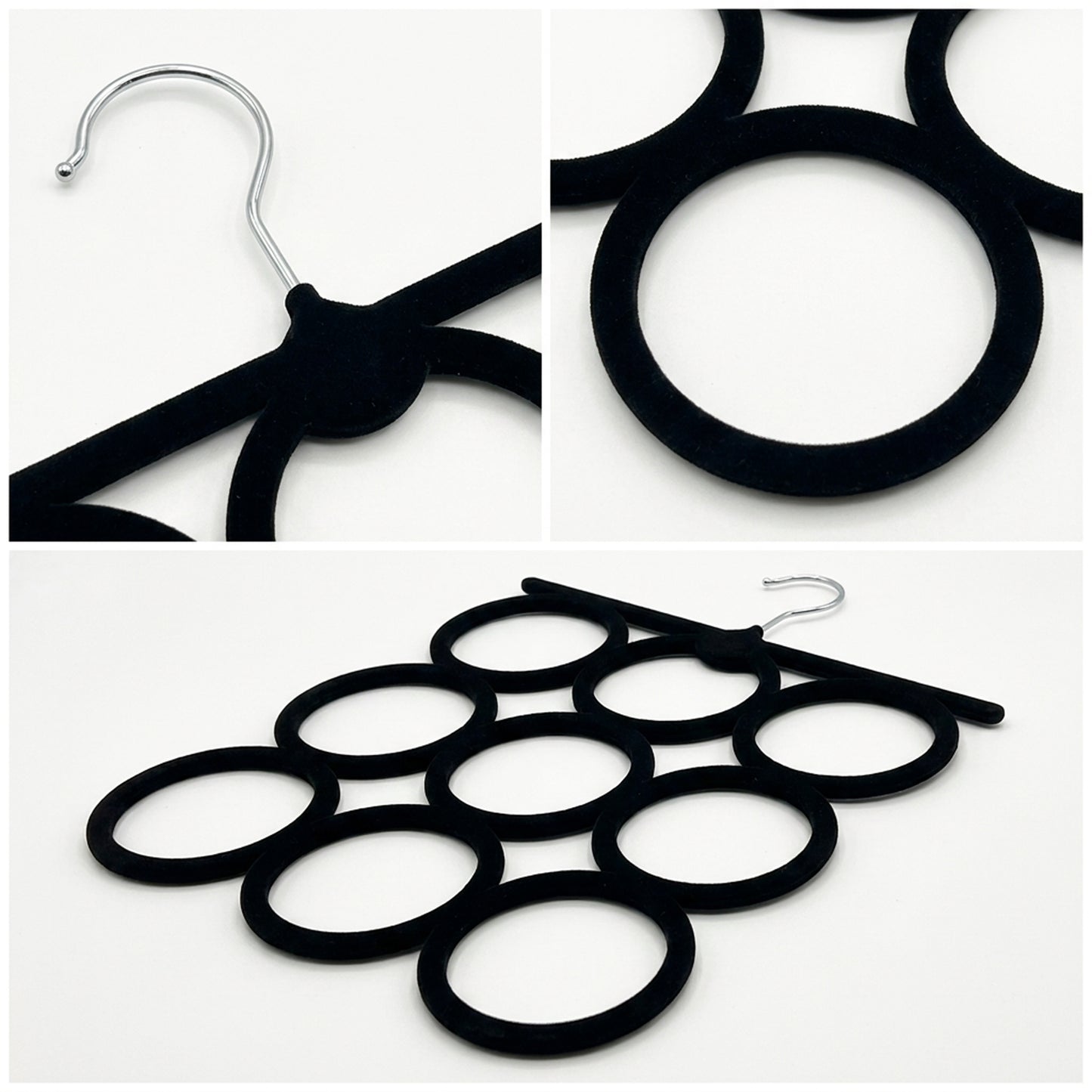 Velvet Covered 9-Ring Scarf & Accessory Hanger Black