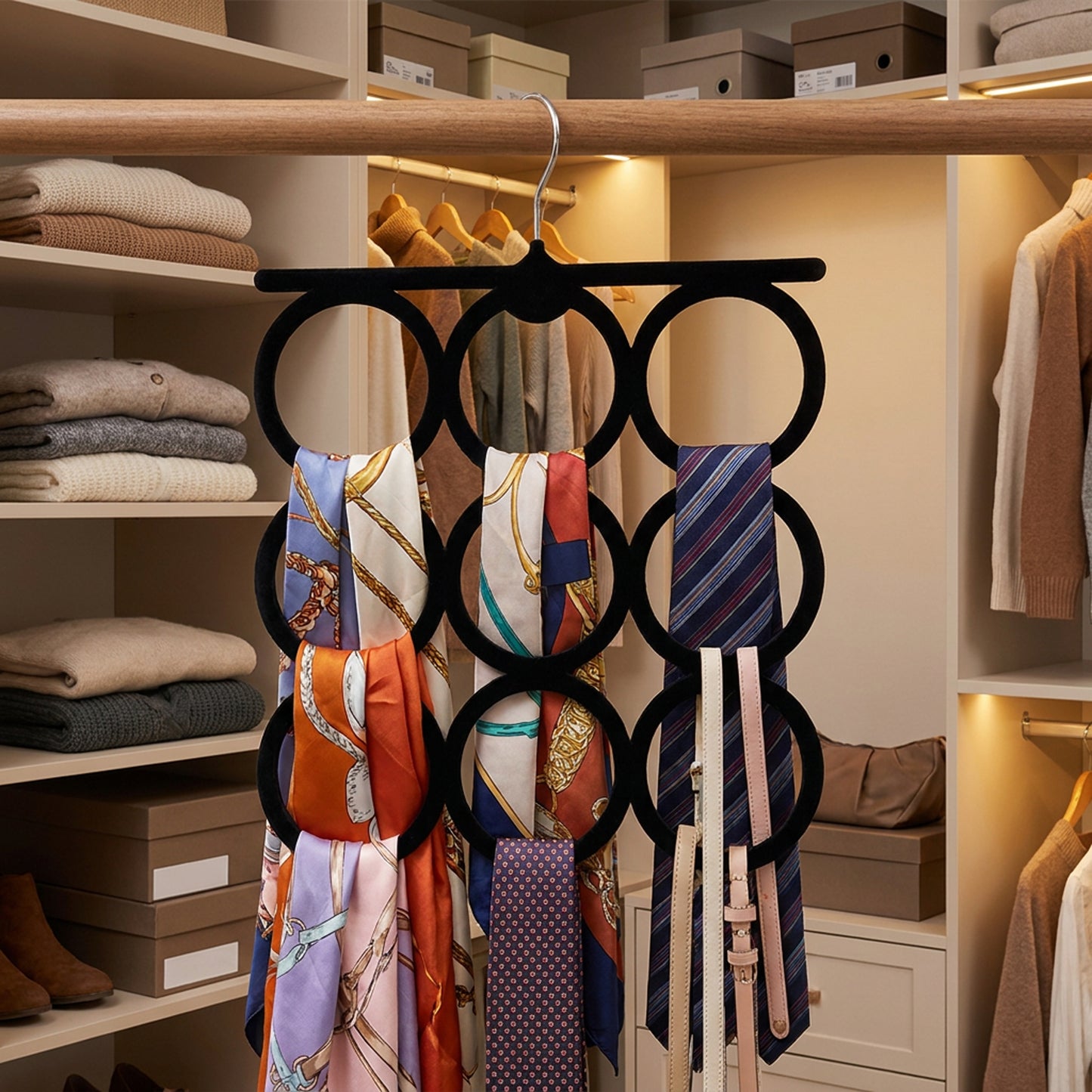 Velvet Covered 9-Ring Scarf & Accessory Hanger Black