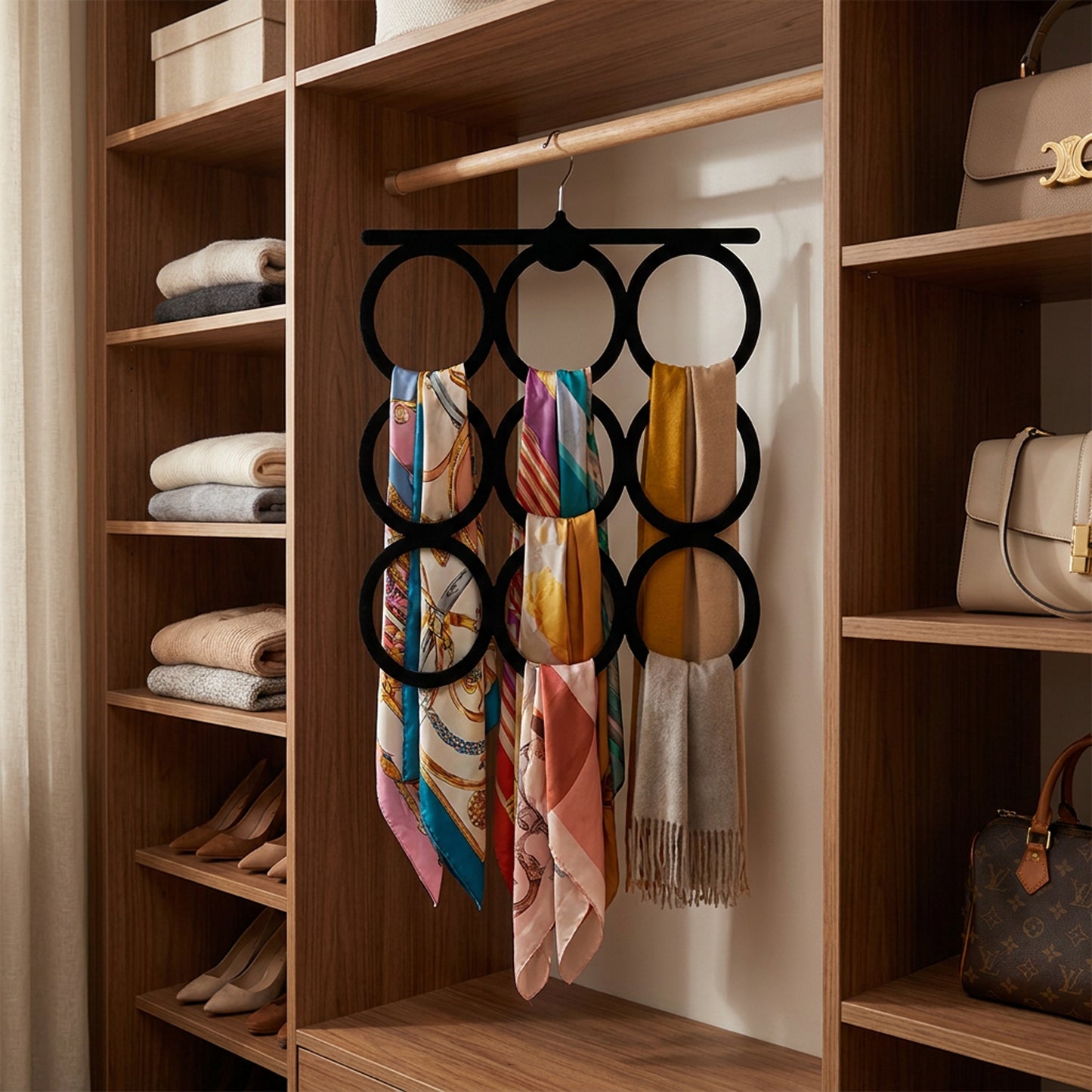 Velvet Covered 9-Ring Scarf & Accessory Hanger Black
