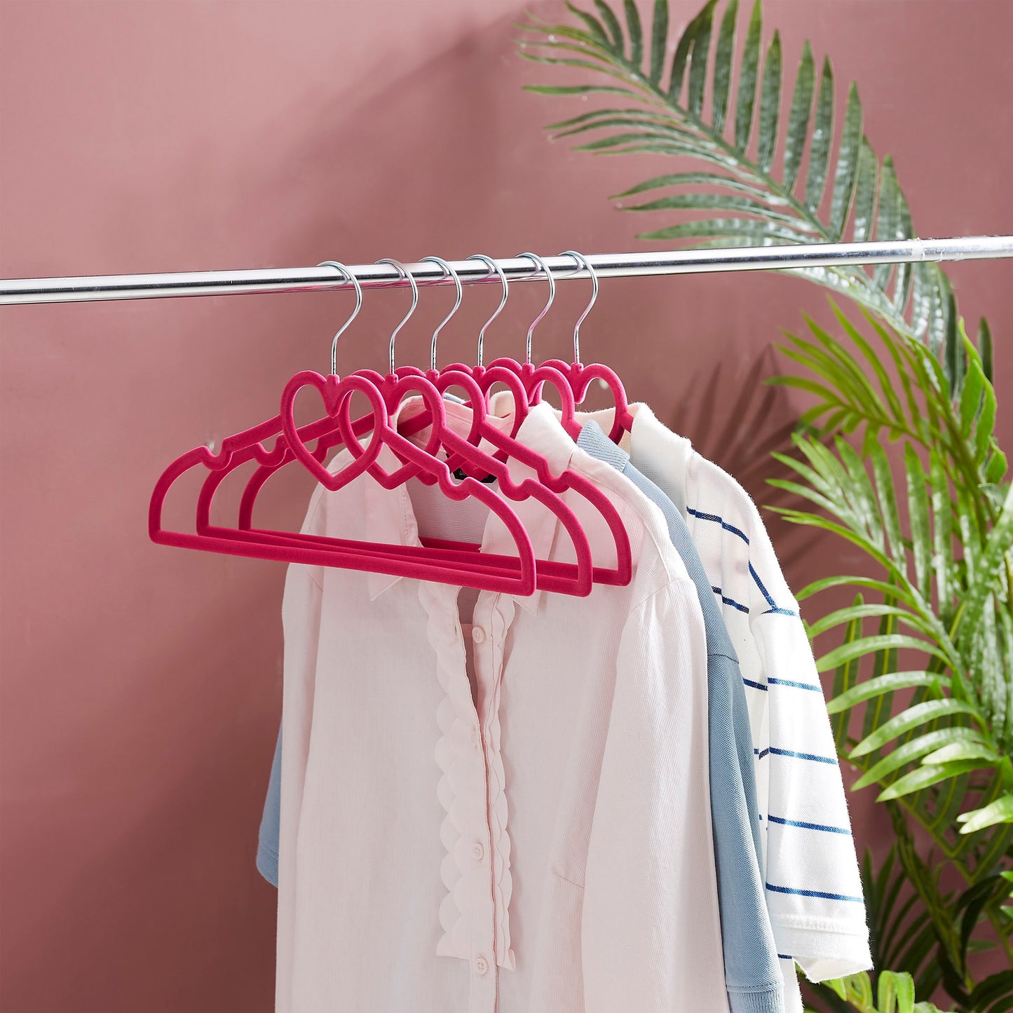 10 Piece Kids Velvet Hanger with Chrome Hooks Set Dark Pink