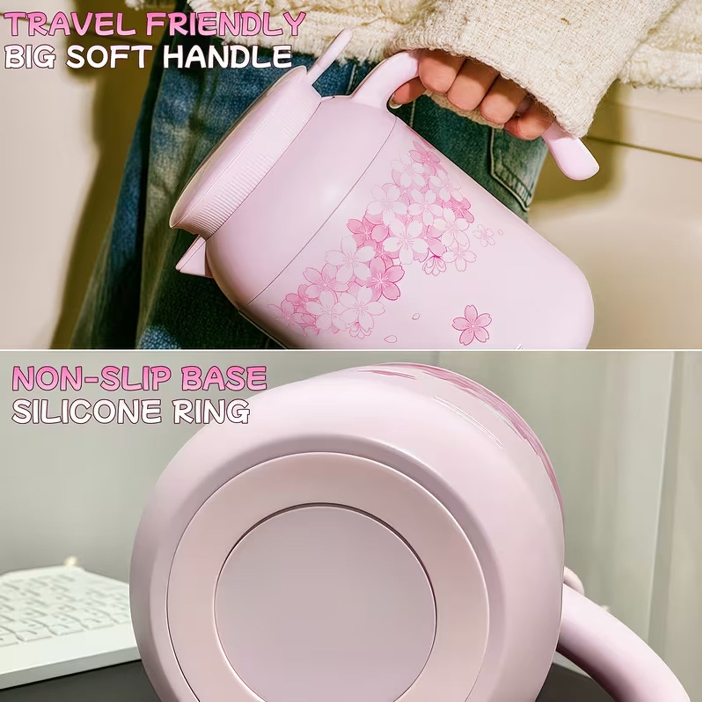 1.2Lt 5D Floral Print Kettle Design Flask Pink