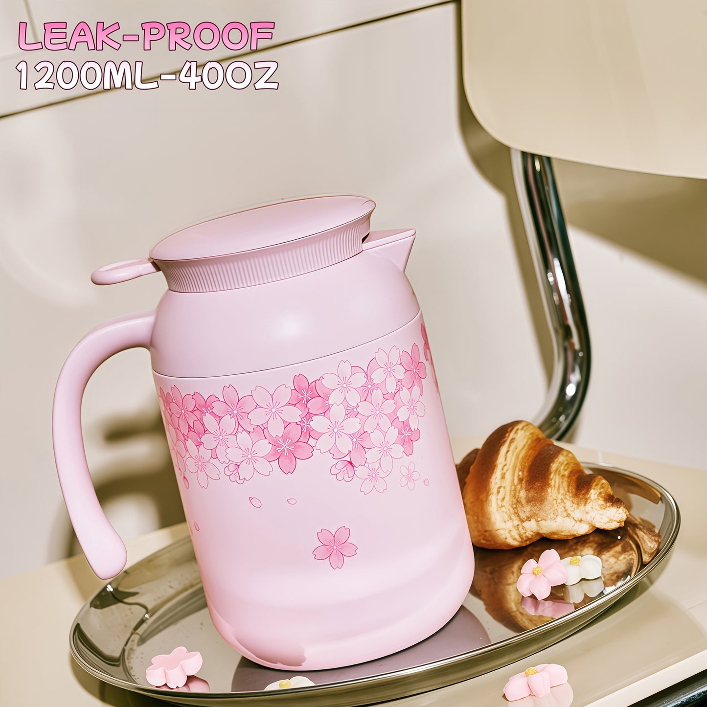 1.2Lt 5D Floral Print Kettle Design Flask Pink