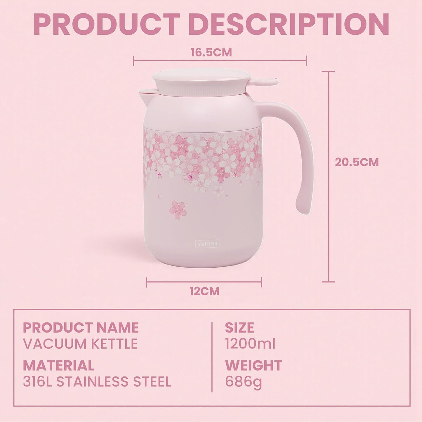 1.2Lt 5D Floral Print Kettle Design Flask Pink