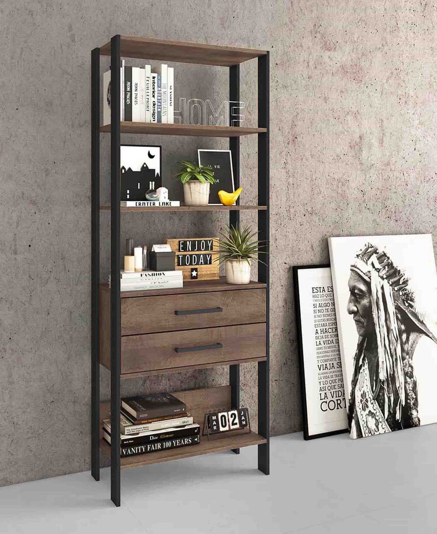 Exotic Designs Freestanding Shelves With Two Drawers - Rustic Black