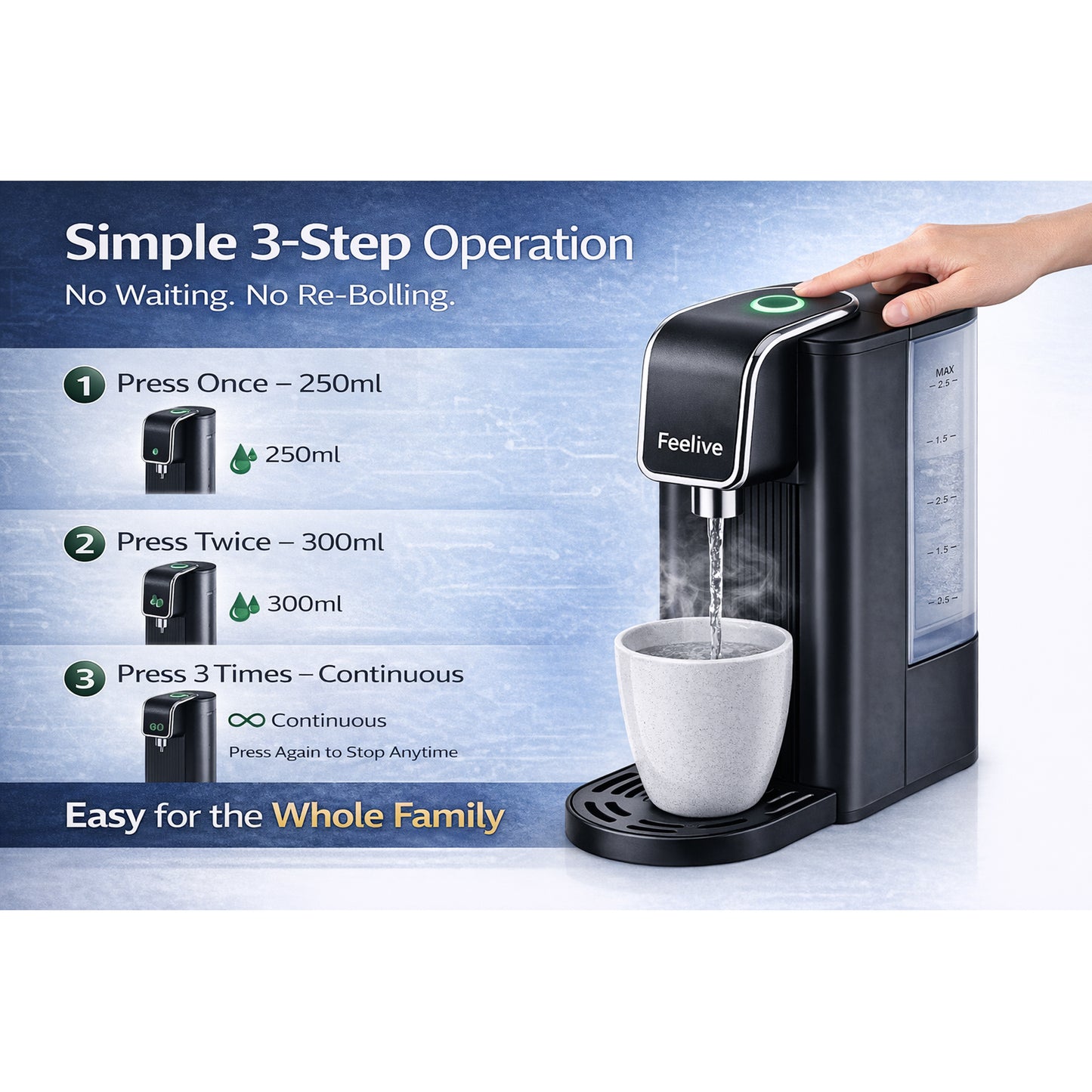 Feelive Instant Manual Hot Water Dispenser Black