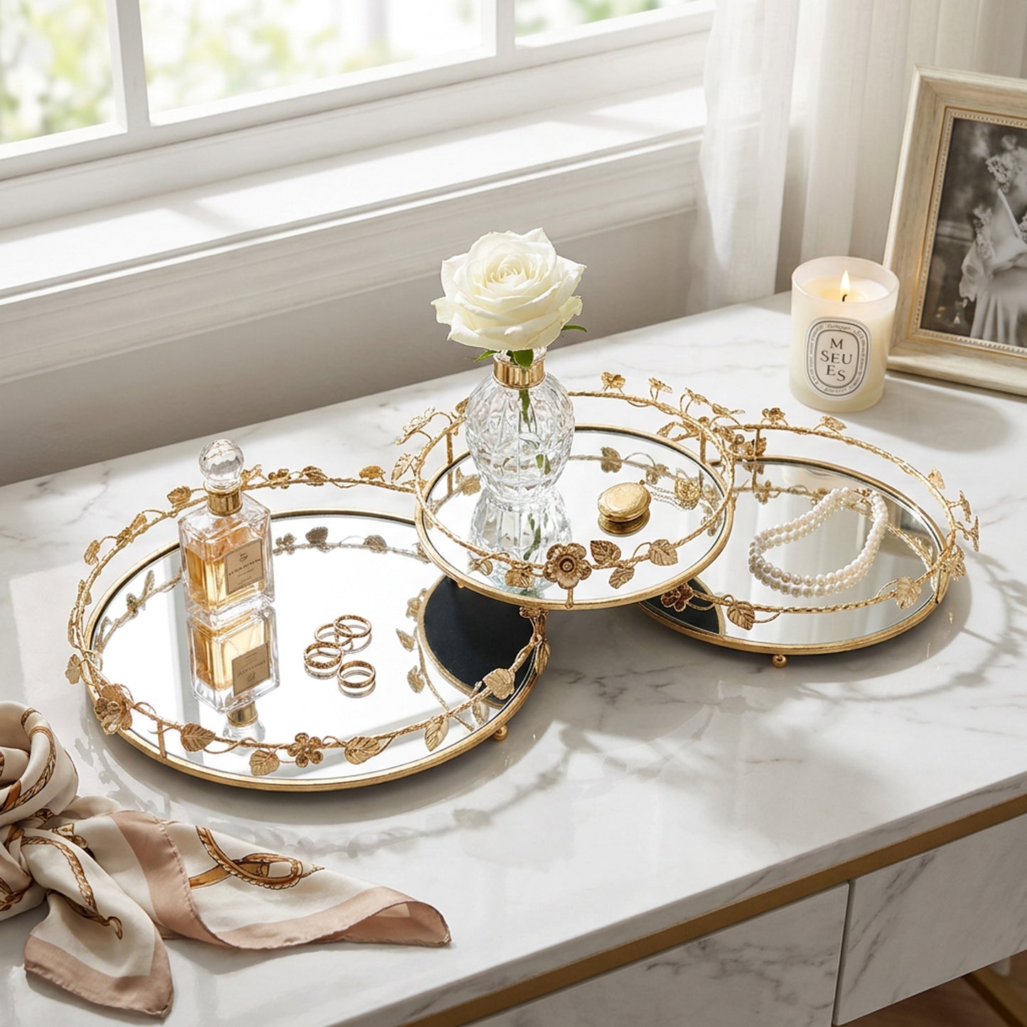 Floral 3 Piece Tray Set Gold