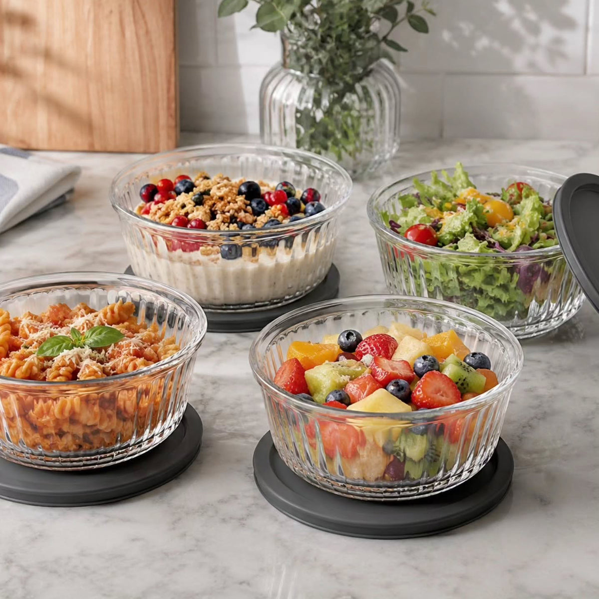 Pasabahce Frezya 330ml Container with Grey Lid Set of 4