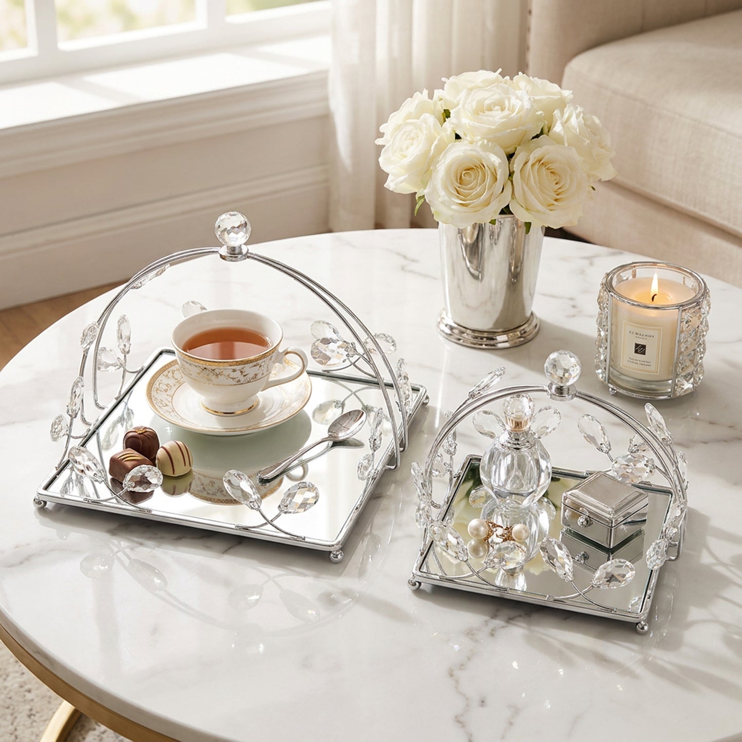2 Piece Square Mirror Serving Tray Set Silver