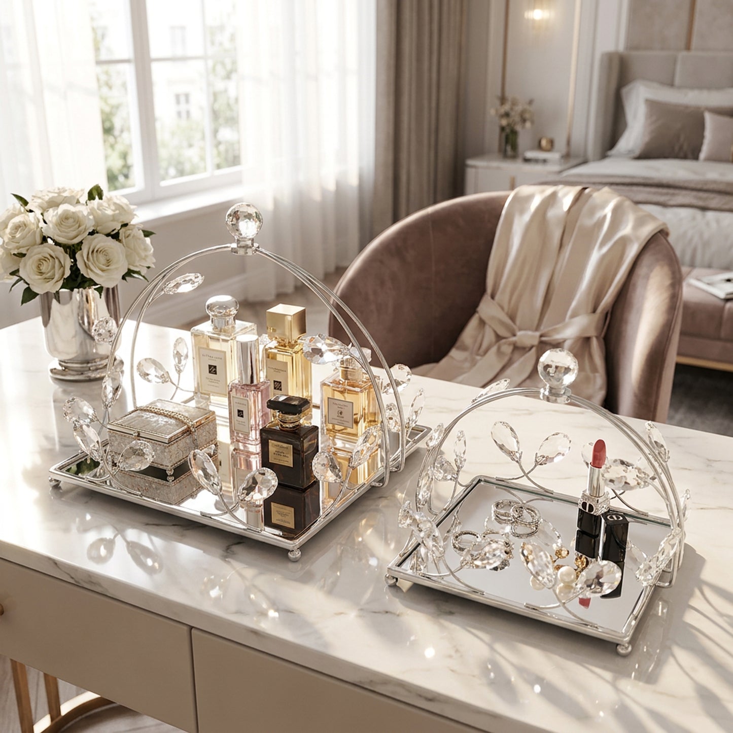 2 Piece Square Mirror Serving Tray Set Silver