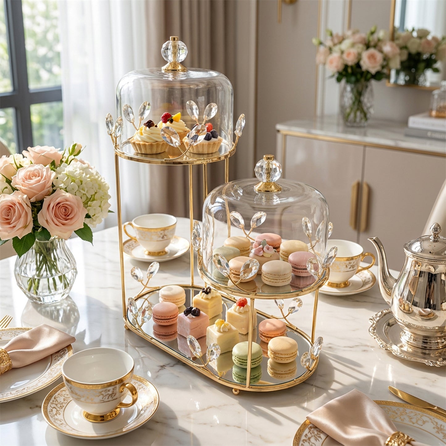 2 Tier Dessert Server with Domes Gold