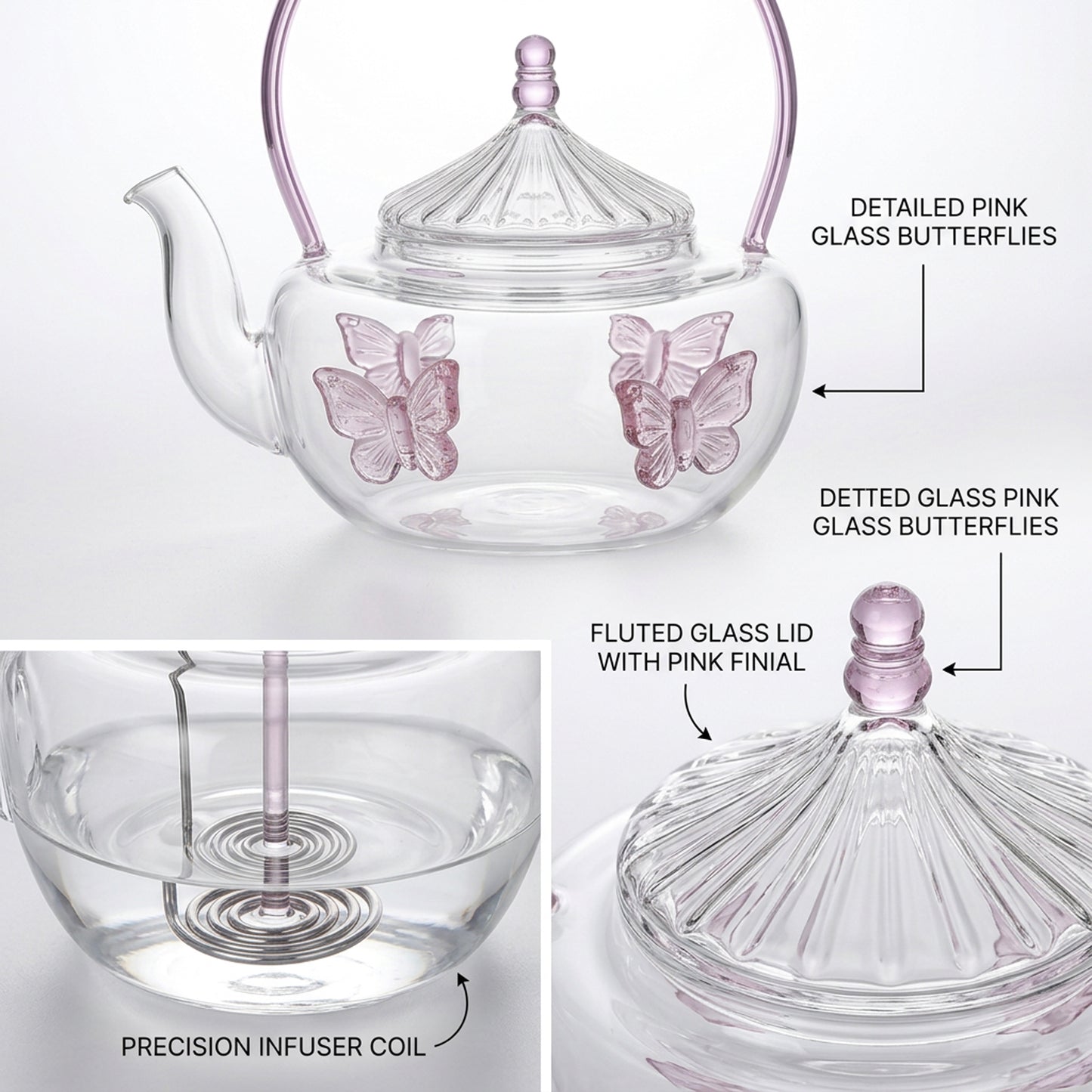 Glass Teapot with Butterfly Design Clear