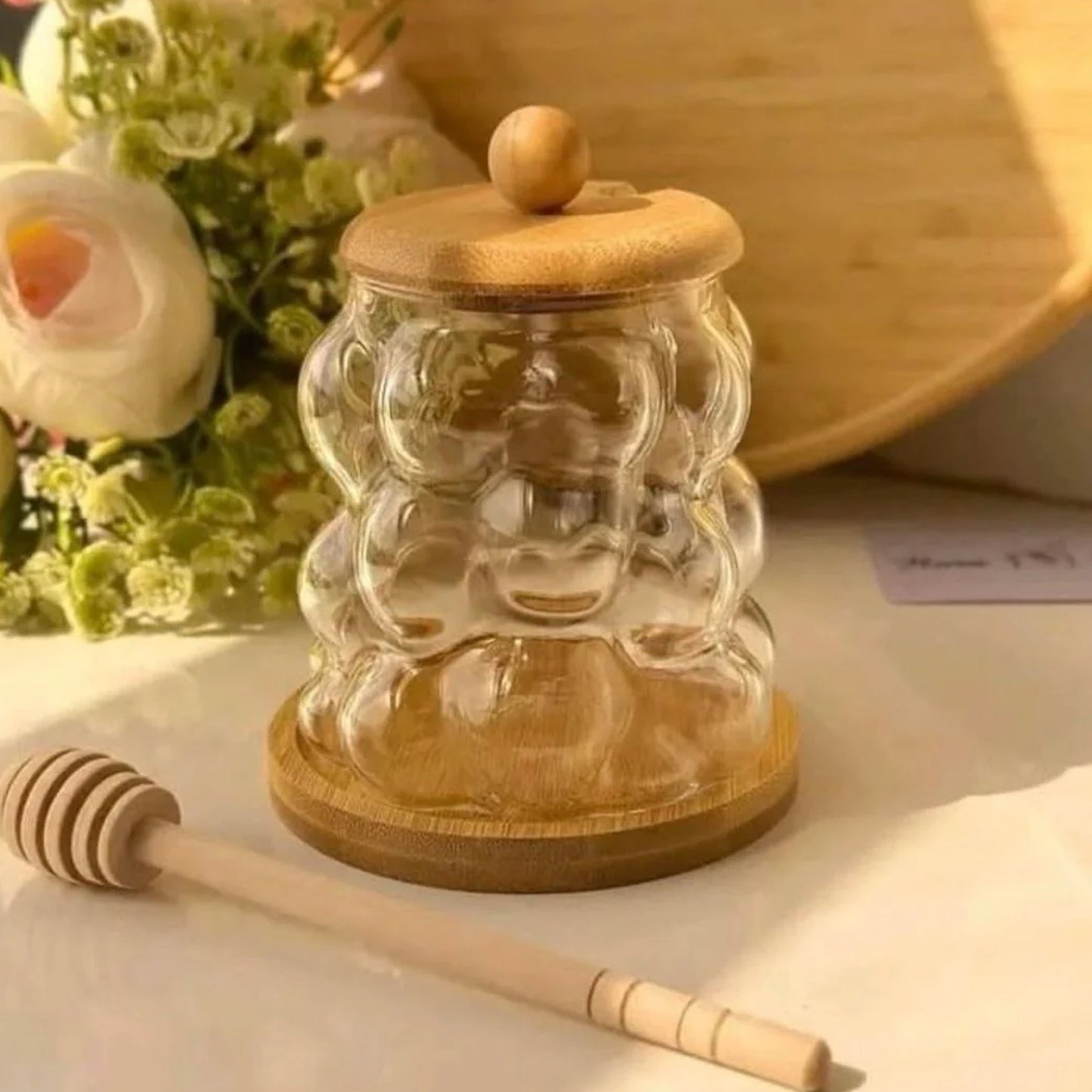 Honey Jar with Bamboo Lid & Dipper Clear